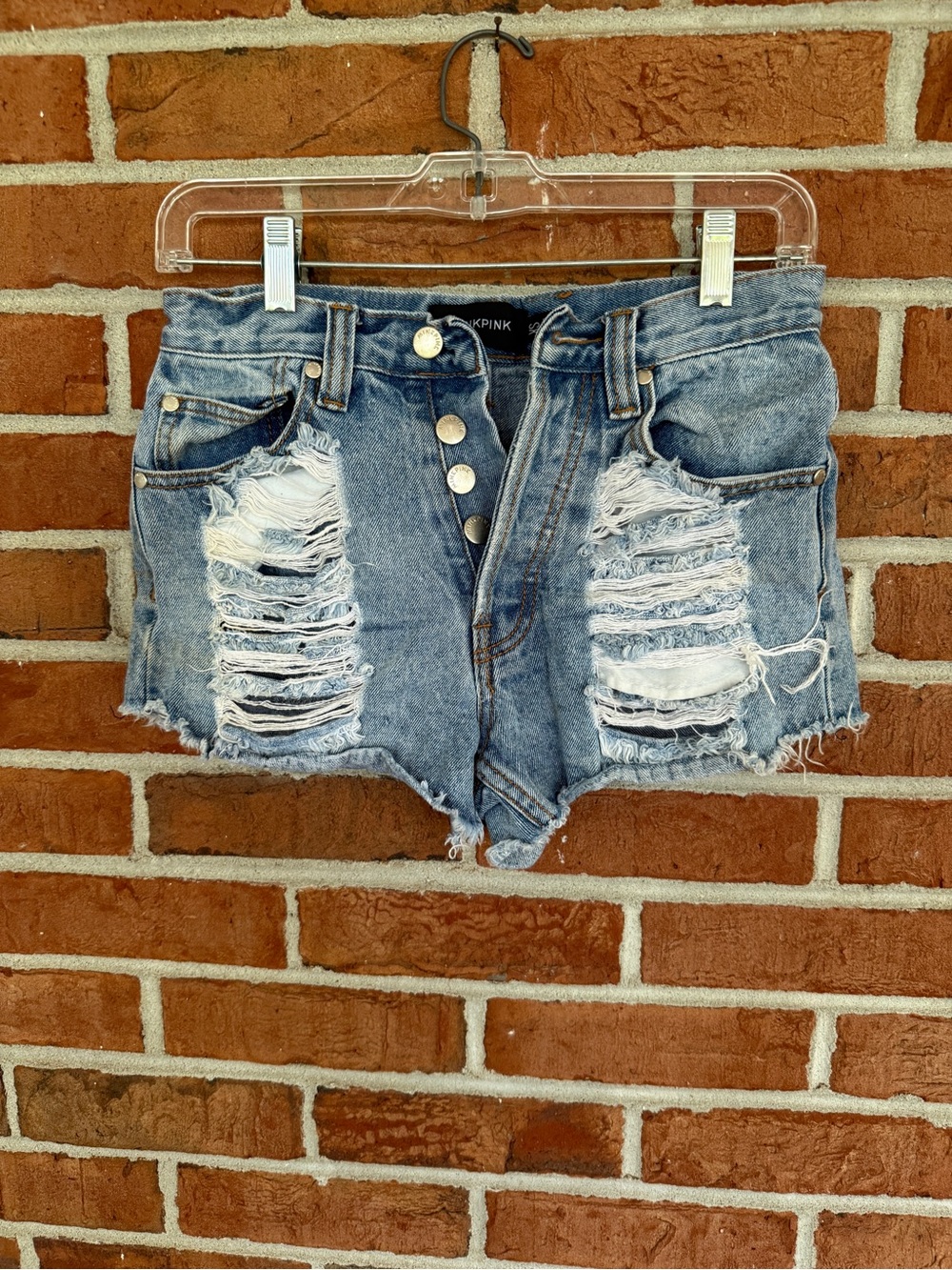 MINKPINK Distressed Light Blue High-Rise Denim Shorts
